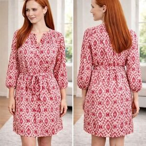 Maeve Anthropologie Red White Ikat Print V Neck Belted Shirt Dress Size XS